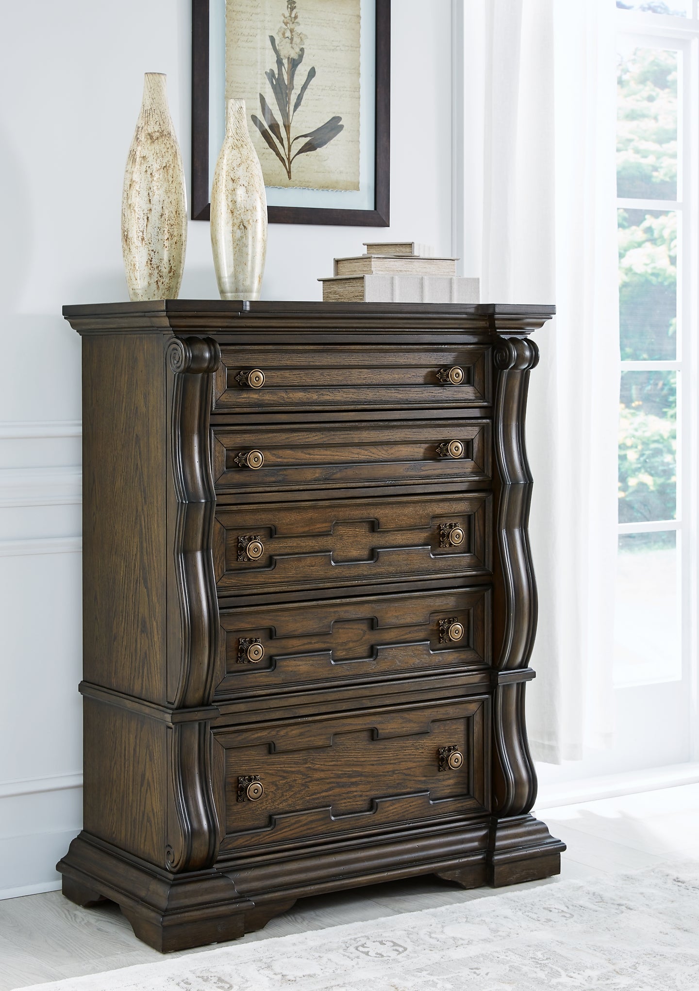 Maylee California King Upholstered Bed with Mirrored Dresser and Chest