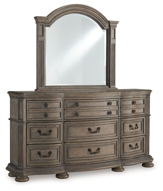 Ardenfield California King Upholstered Sleigh Bed with Mirrored Dresser and Nightstand