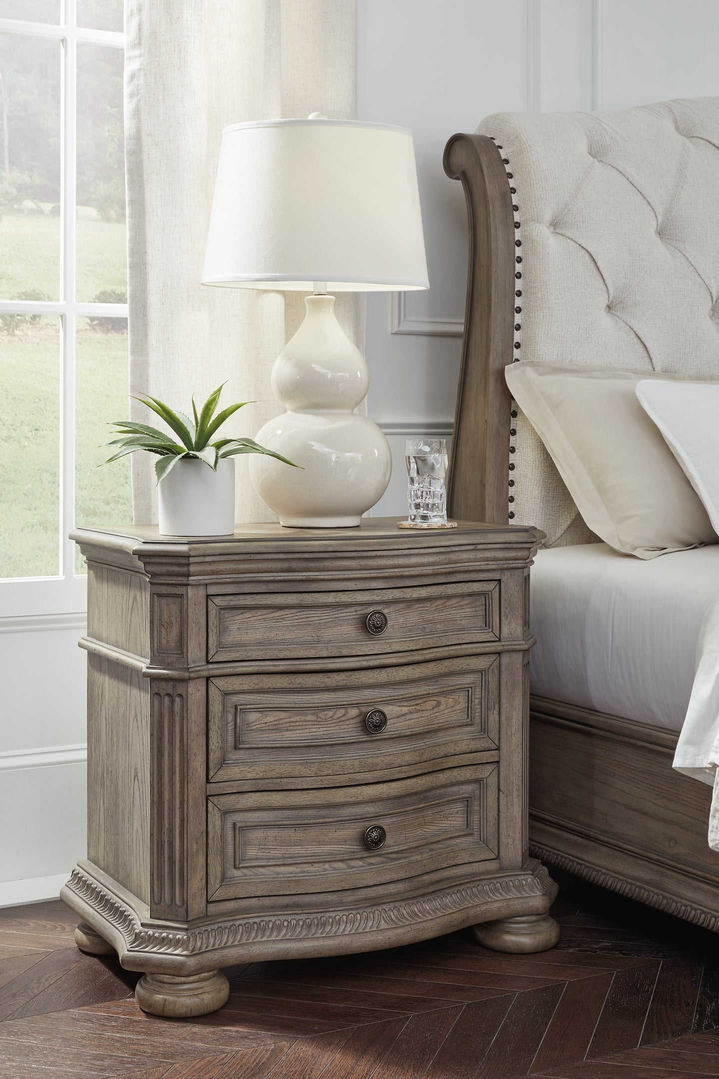 Ardenfield California King Upholstered Sleigh Bed with Mirrored Dresser and Nightstand