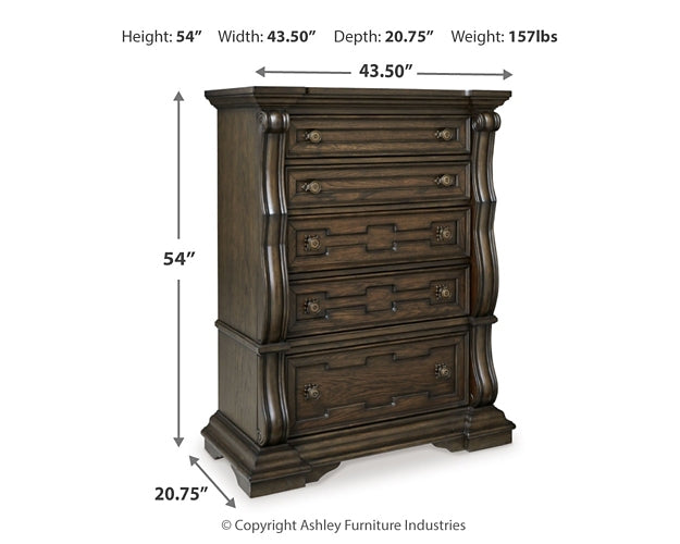 Maylee California King Upholstered Bed with Mirrored Dresser and Chest