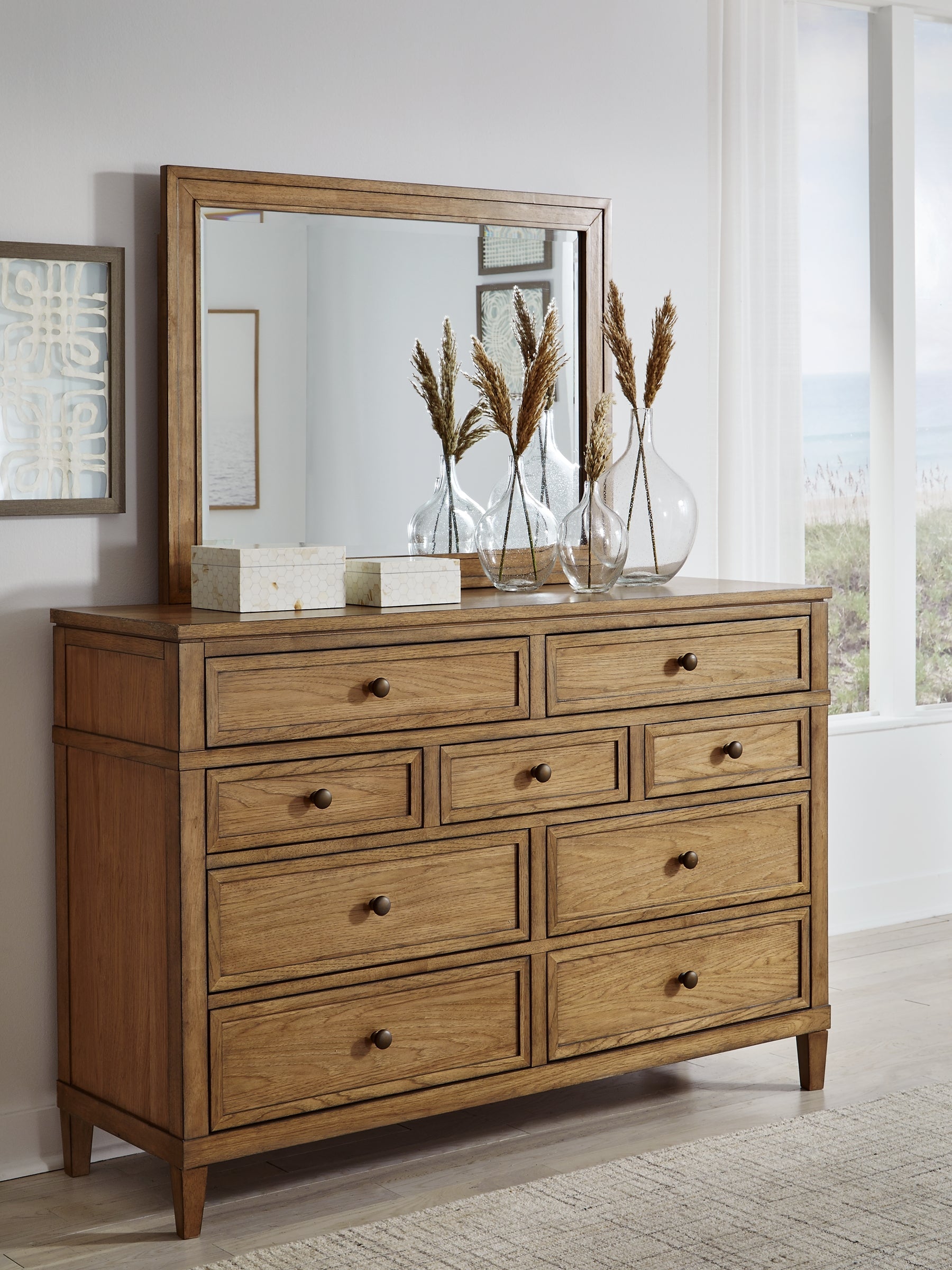 Sharlance Queen Upholstered Panel Bed with Mirrored Dresser